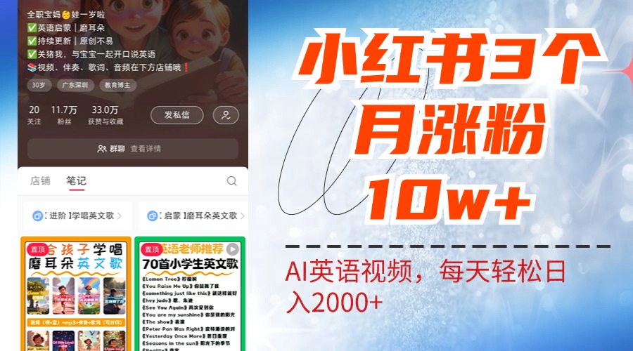 小红书三个月涨粉10W！AI英语视频0成本制作，每天轻松日入2000+-艾莉资源
