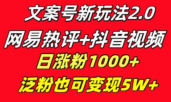 文案号新玩法 网易热评+抖音文案 一天涨粉1000+ 多种变现模式 泛粉也可变现-艾莉资源