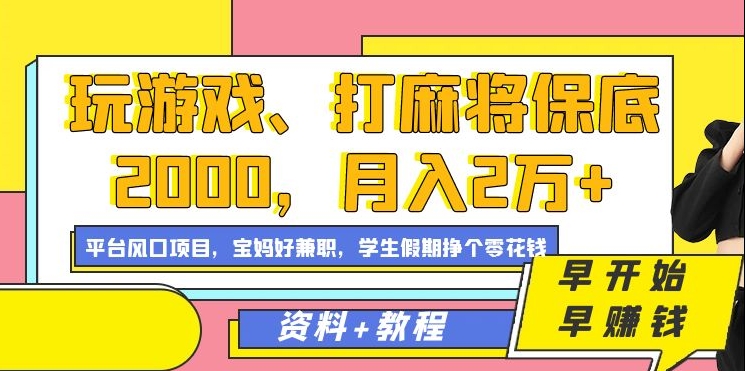 玩游戏、打麻将保底2000，月入2万+，平台风口项目-艾莉资源