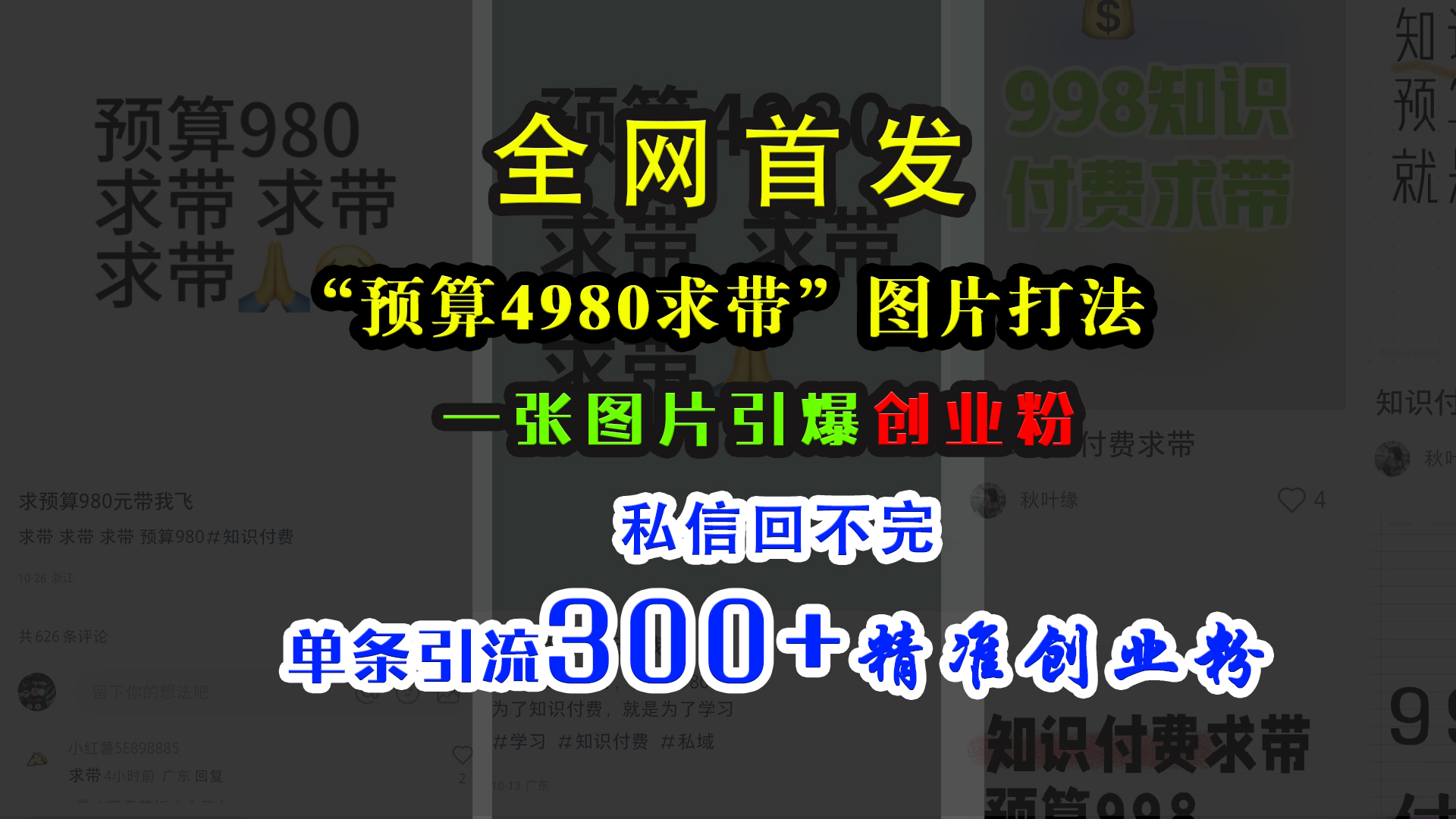 小红书“预算4980带我飞”图片打法，一张图片引爆创业粉，私信回不完，单条引流300+精准创业粉-艾莉资源