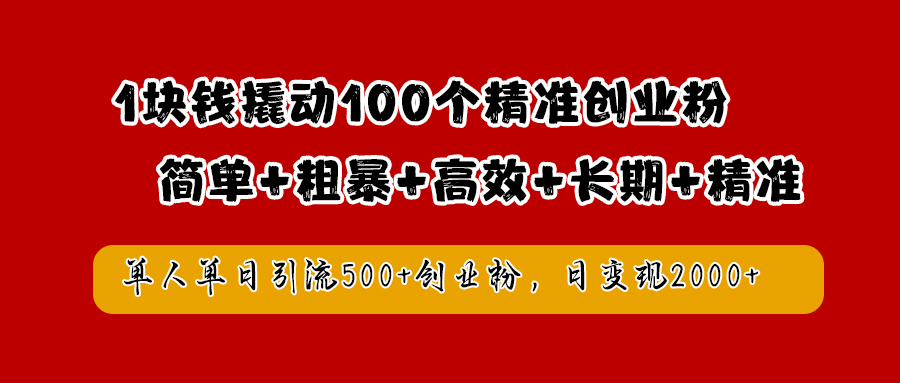 1块钱撬动100个精准创业粉，简单粗暴高效长期精准，单人单日引流500+创业粉，日变现2000+-艾莉资源