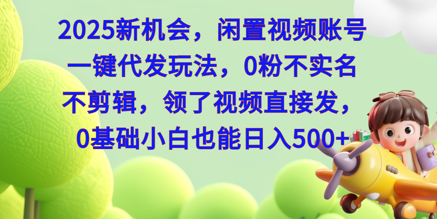 2025新机会，闲置视频账号一键代发玩法，0粉不实名不剪辑，领了视频直接发，0基础小白也能日入500-艾莉资源