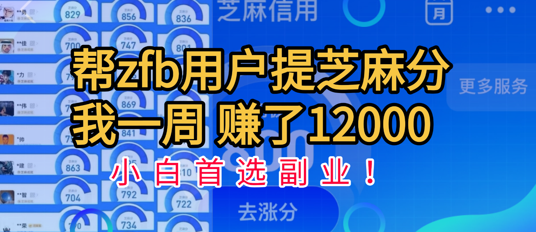 帮支付宝用户提升芝麻分，一周赚了一万二！小白首选副业！-艾莉资源
