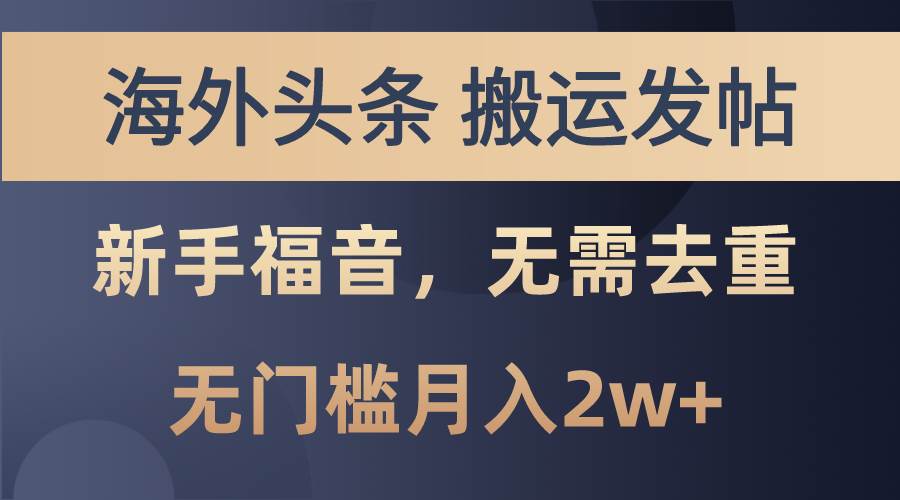 海外头条搬运发帖，新手福音，甚至无需去重，无门槛月入2w+-艾莉资源