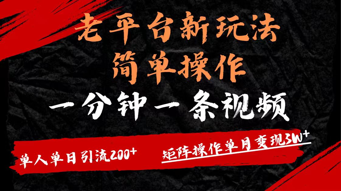 老平台，新玩法，简单操作，一分钟一条视频，单人单人引流200+矩阵操作，单月变现3W-艾莉资源