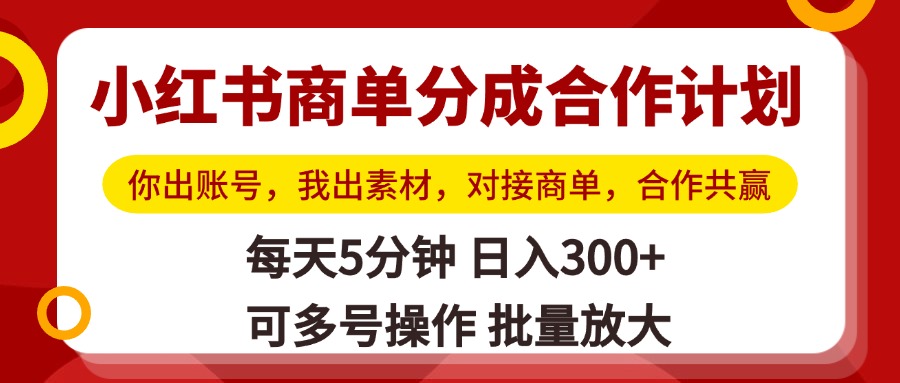 小红书商单分成合作计划，你出账号，我出素材，对接商单，合作共赢，单号日入300+，可批量放大-艾莉资源