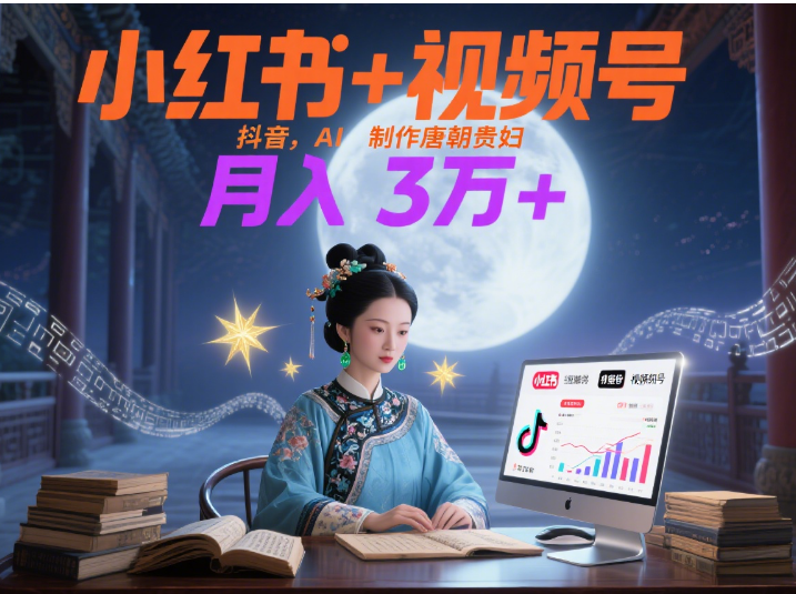 小红书+视频号+抖音，AI轻松制作唐朝贵妇IP，毒鸡汤、励志、减肥瘦身、养生赛道轻松切入，每天30分钟，轻松产出N条，月入3万+ -艾莉资源