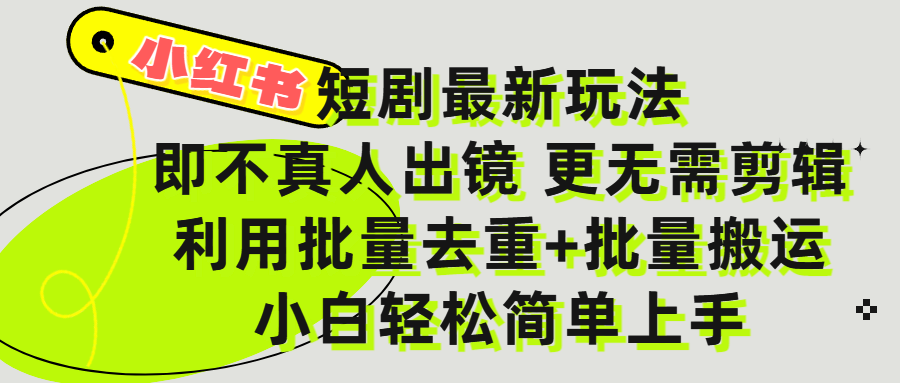 小红书短剧最新玩法，轻松日入3000+，既不真人出镜，更不用剪辑，全程搬运，傻瓜式操作，私域零成本批量操作-艾莉资源