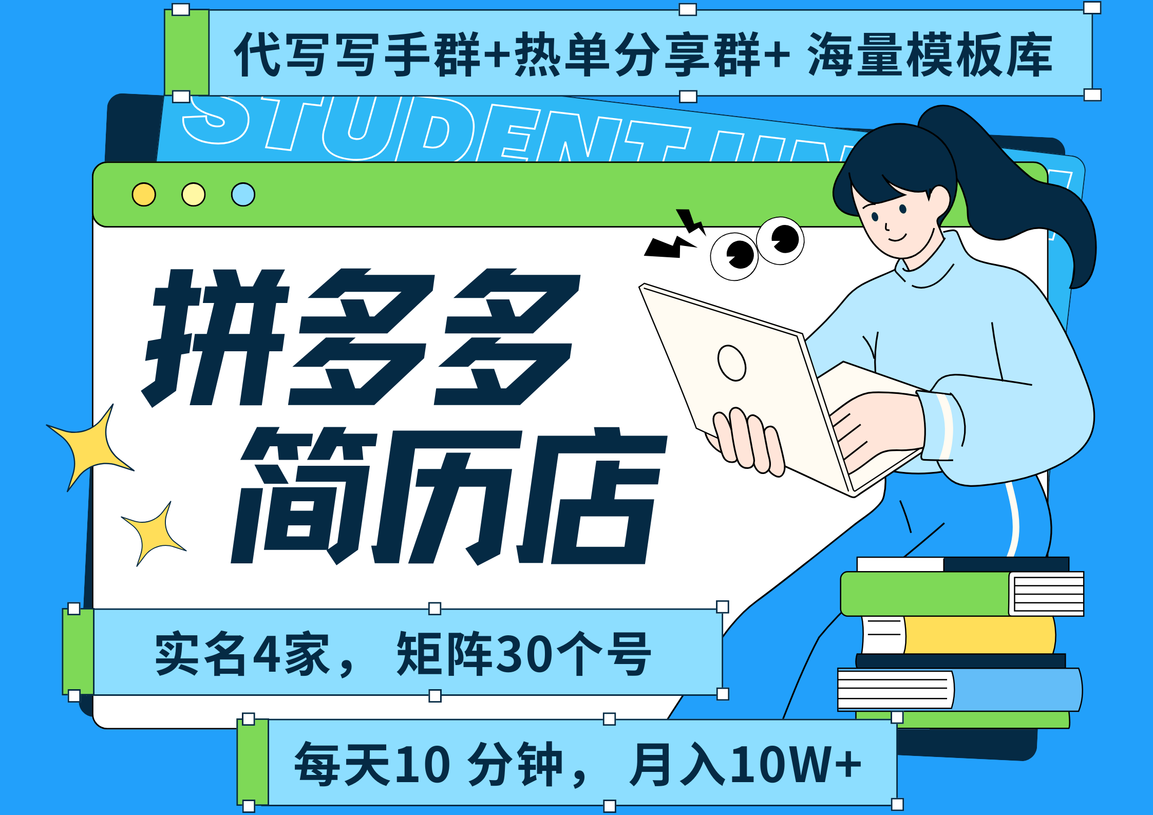 拼多多 虚拟资料 简历 海报代写 全SOP流程 毫无保留分享（含后端资料以及代写渠道）每天十分钟 每人实名四个店  矩阵30个账号  轻轻松松 月入10W-艾莉资源
