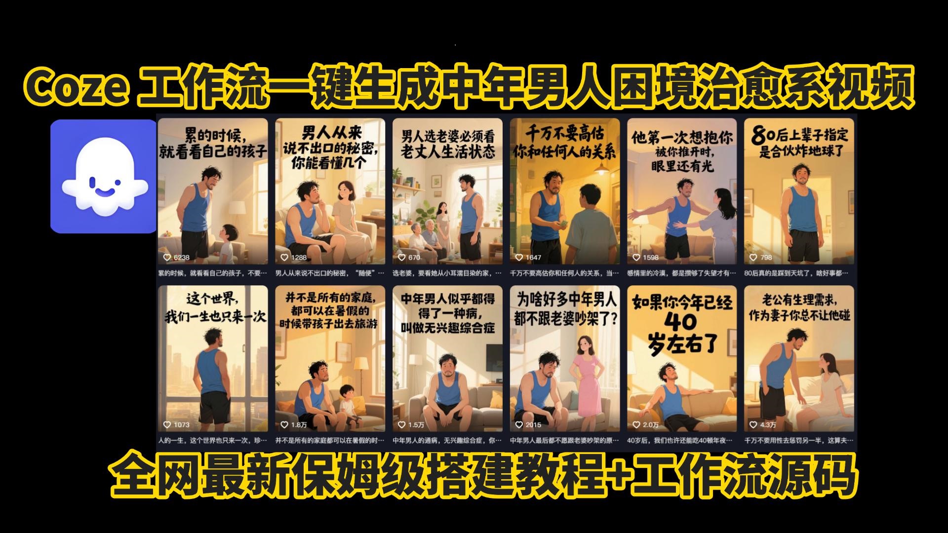 coze工作流一键生成，中年男人困境扎心高涨粉高播放量图文视频，保姆级拆解教程，无需剪辑，无需拍摄写文案智能体拆解教程-艾莉资源